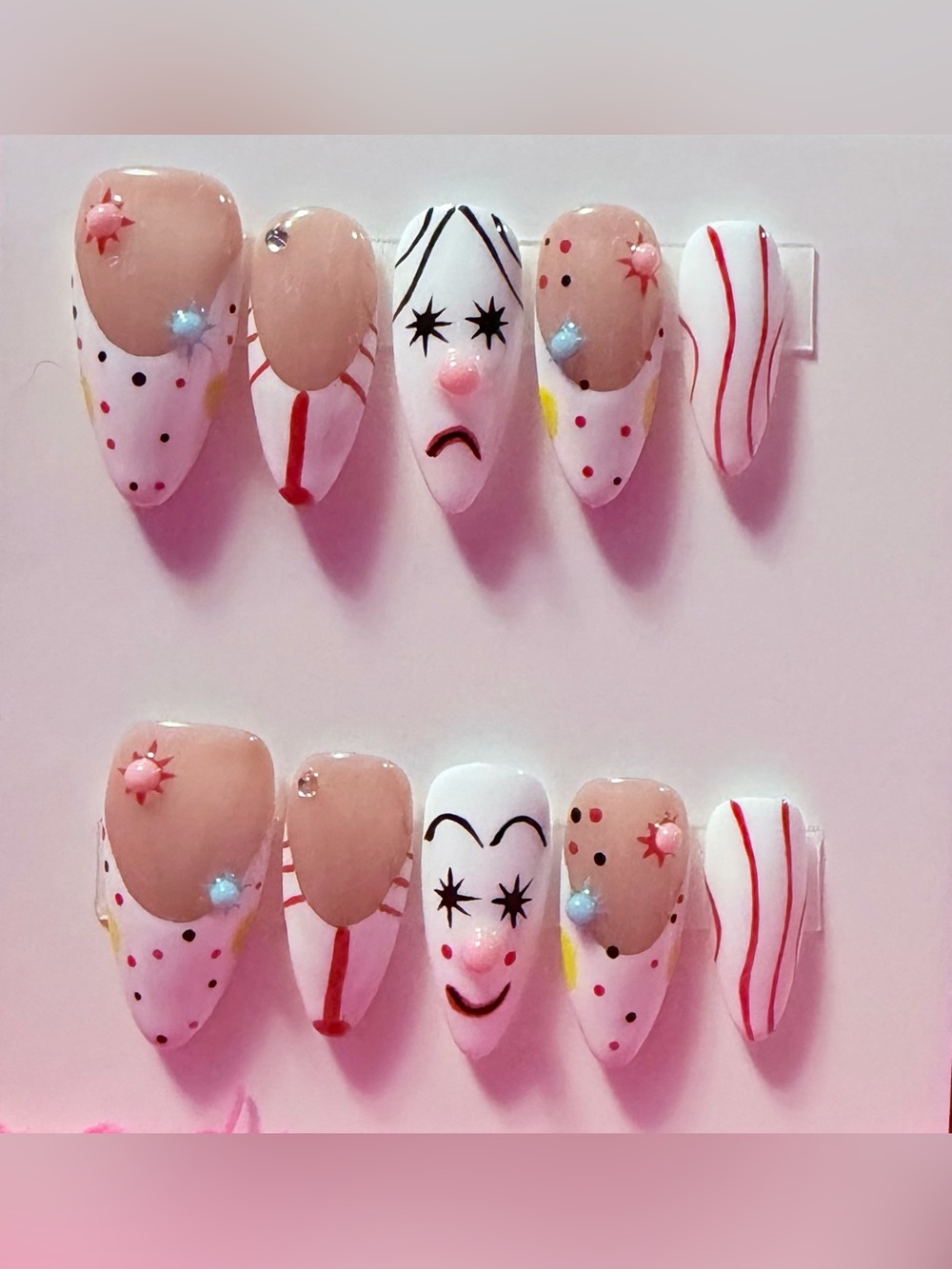 Hand-Painted Pink and White Clown Nail Art Set